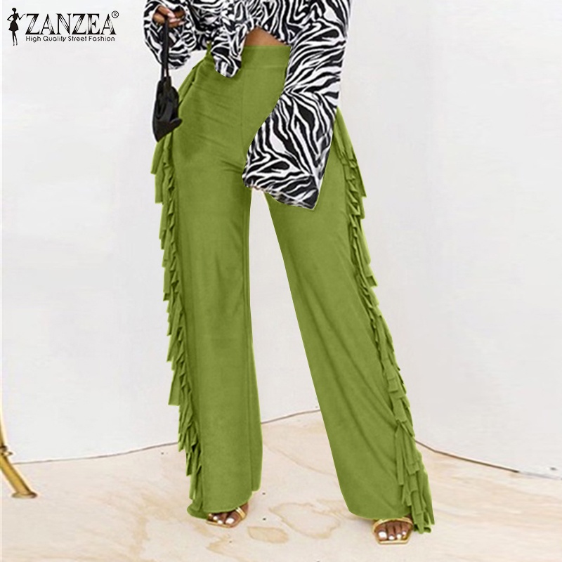 Quần dài lưng thun Zanzea màu trơn phối tua rua thời trang cho nữ