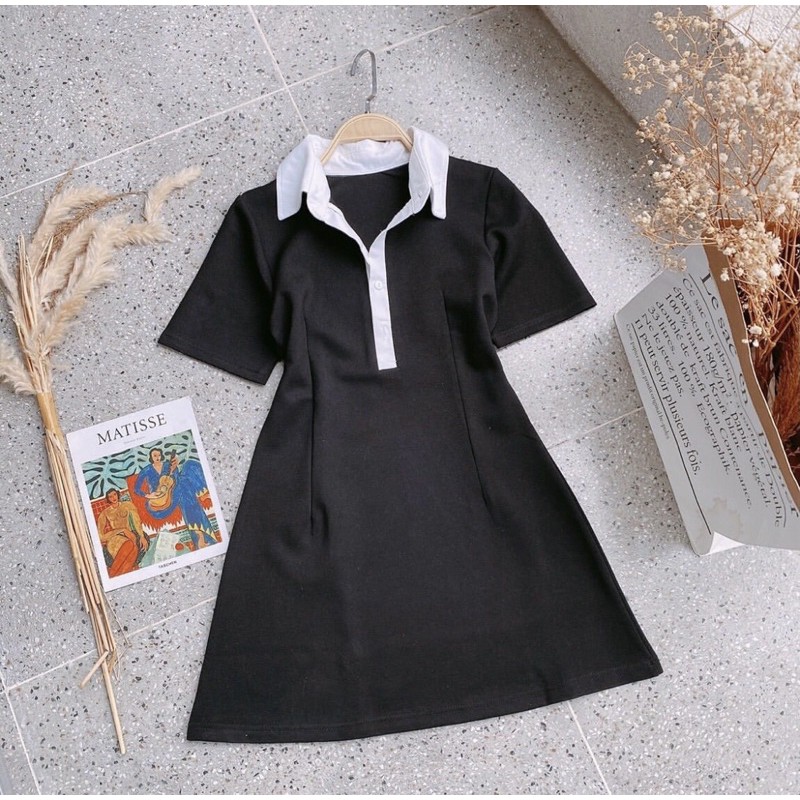 ĐẦM POLO ĐEN PHỐI CỔ TRẮNG