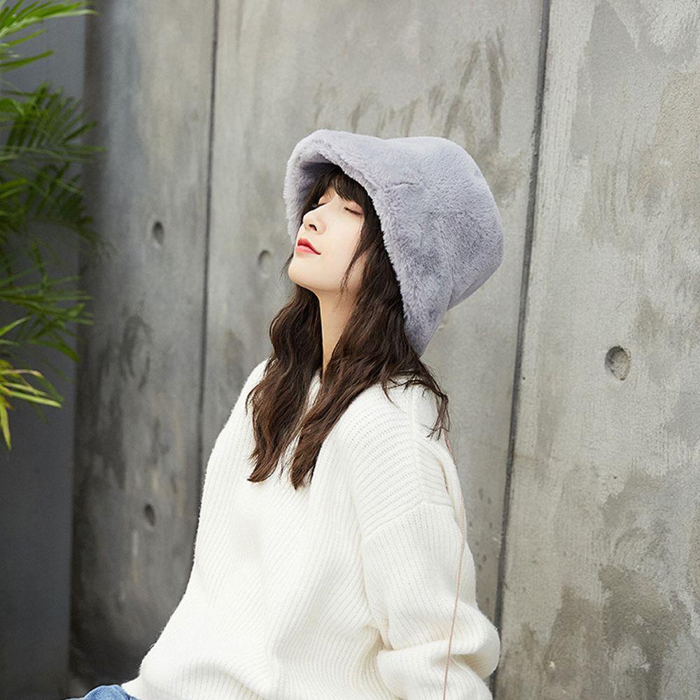 Mũ Bucket Lông Giả Màu Trơn Giữ Ấm Mùa Đông Cho Nữ