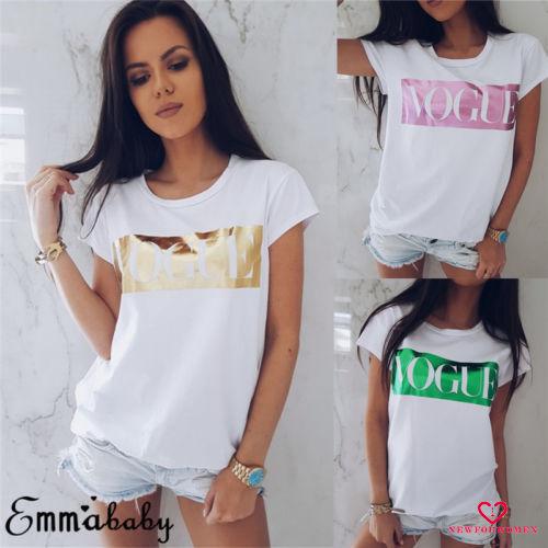 Áo thun tay ngắn in chữ VOGUE lấp lánh thời trang cho nữ