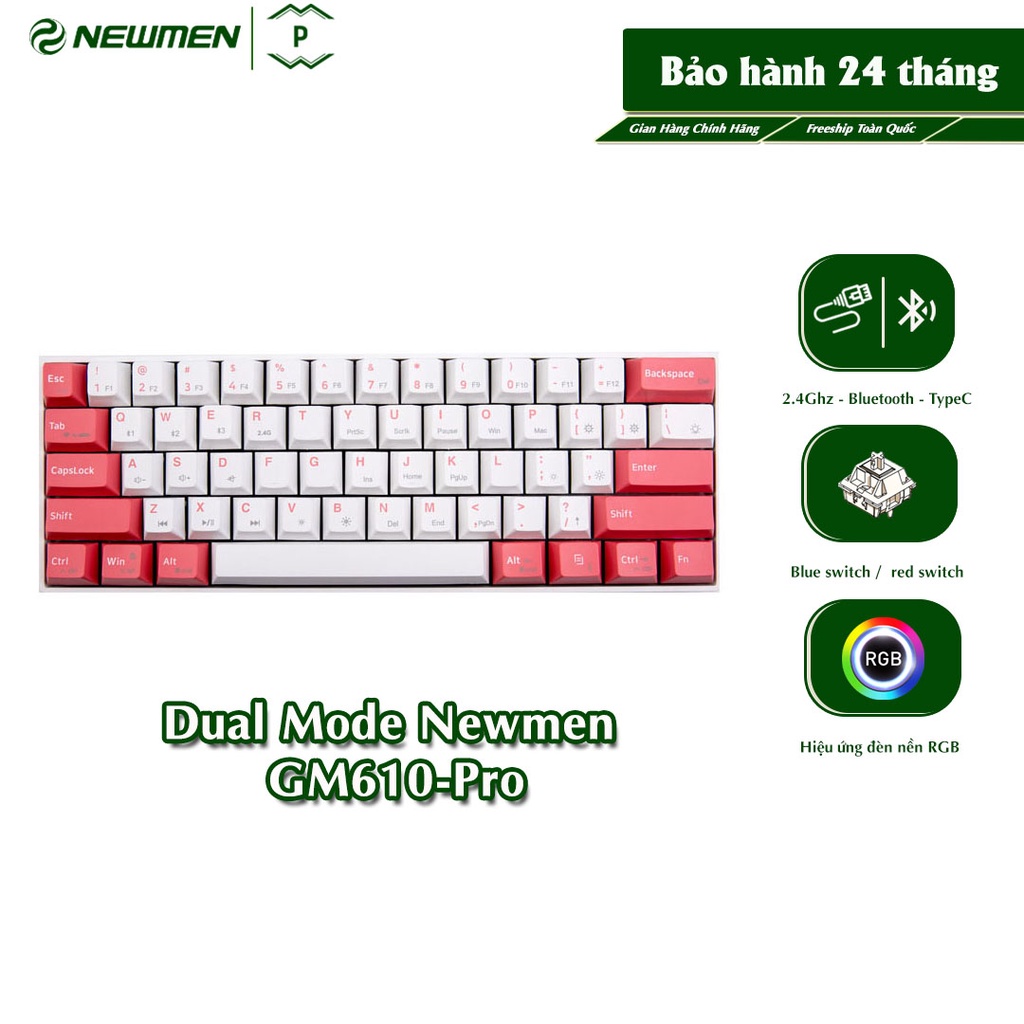 Bàn phím cơ không dây Dual Mode Newmen GM610 Pro,tặng kèm bộ 4 keycap rồng-hổ, bh 24 tháng,tương thích PC/Laptop/Mac/...