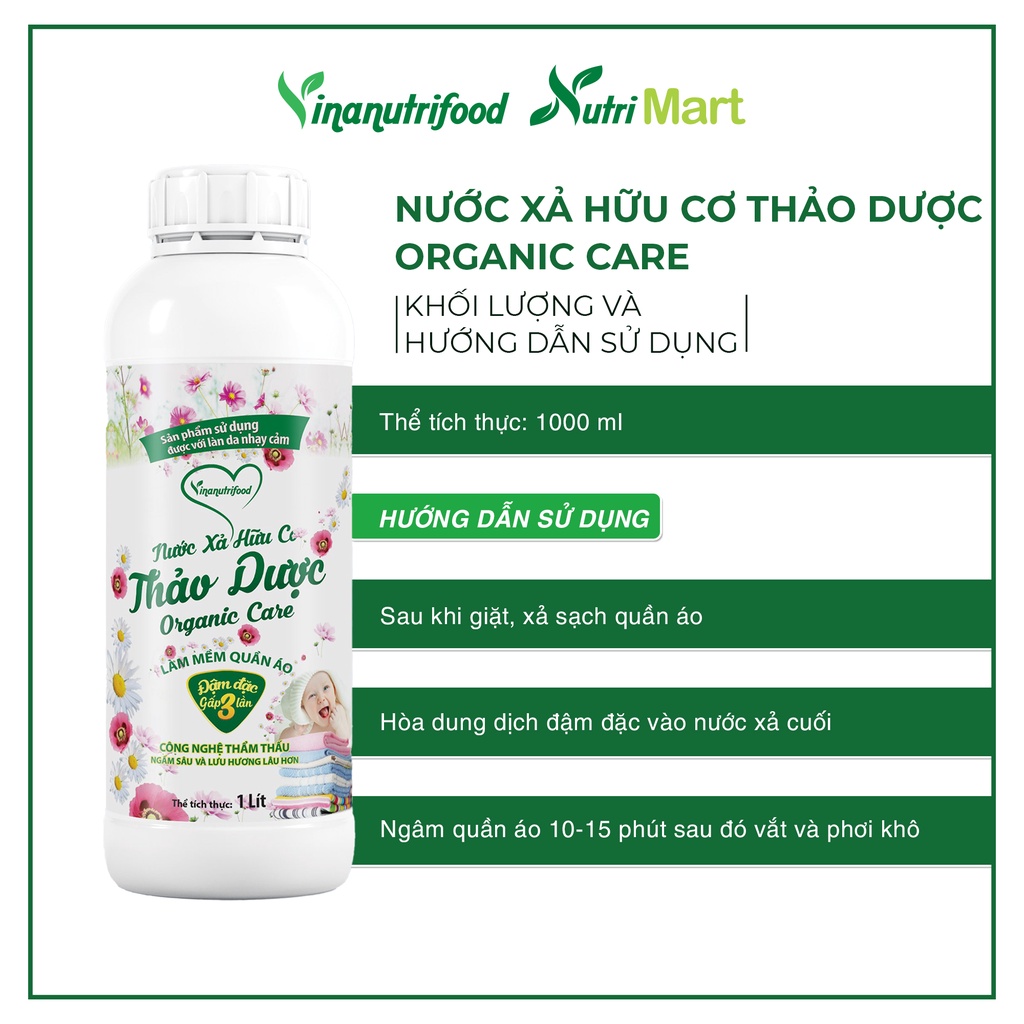 Nước Xả Hữu Cơ Thảo Dược Organic Care Vinanutrifood hương thơm tự nhiên nhẹ nhàng, giúp quần áo mềm mại, Chai 1000ml