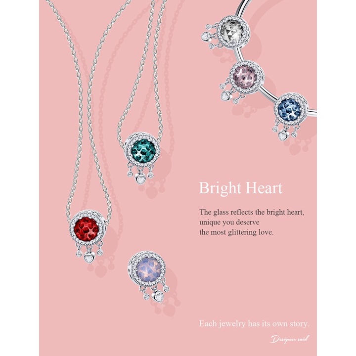 Mặt vòng tay BAMOER bạc 925 hình trái tim đính đá zircon