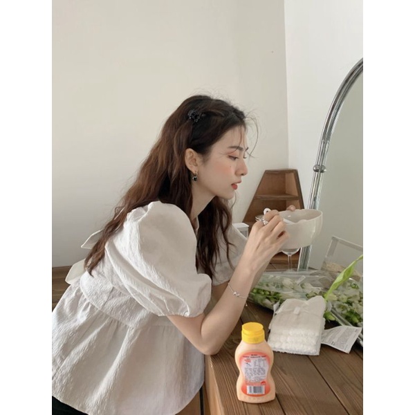 Áo Babydoll Vải Nhăn Tay Bồng Bo Chun Nơ Xinh Xắn Phong Cách Retro ❤️