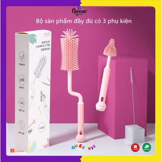 Bộ dụng cụ vệ sinh bình sữa, cọ rửa bình sữa và núm ti bằng silicon với tay cầm xoay 360 độ, cọ rửa bình sữa siêu sạch