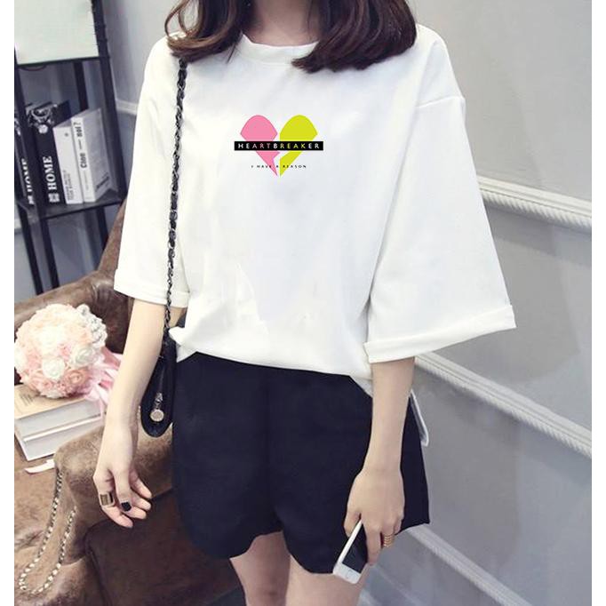 Áo thun tay lỡ Hàn Quốc form rộng in hình heart breaker vải dày mịn TEEWO140