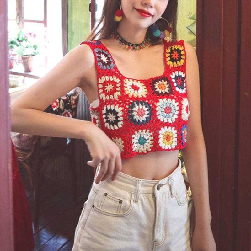 Xiangbao Áo Tank Top Mini Không Tay Khoét Rỗng Nhiều Màu Sắc Họa Tiết Hoa Phong Cách Boho Cho Nữ