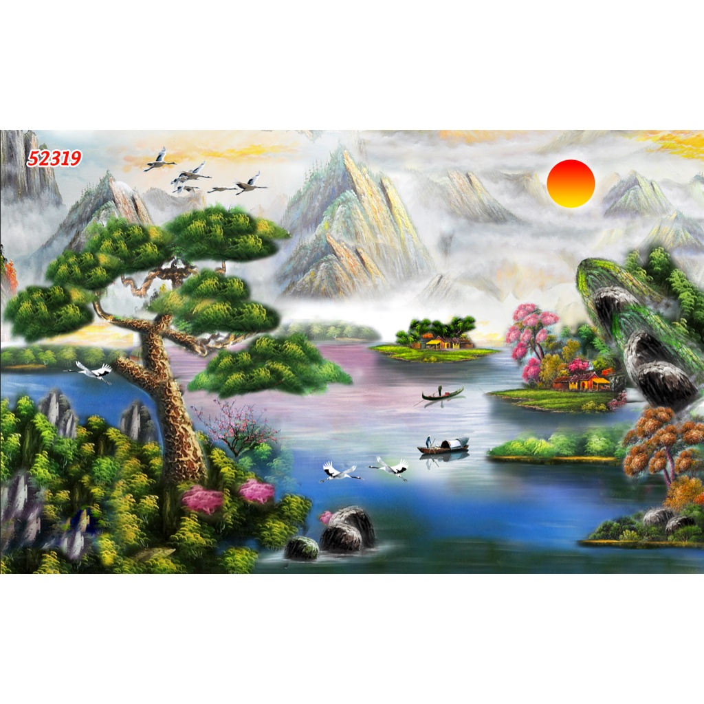 Tranh Dán tường 3D Phong Cảnh Làng Quê 3D