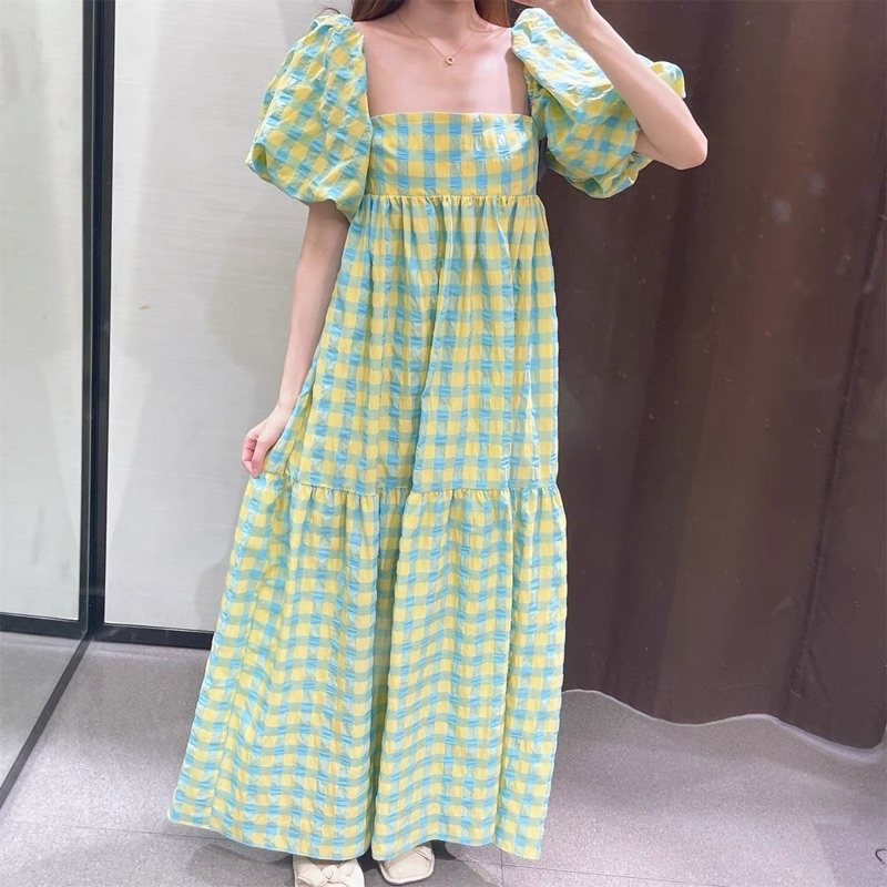 Đầm caro vàng xanh dáng dài tay phồng ZR xuất xịn kèm ảnh thậ