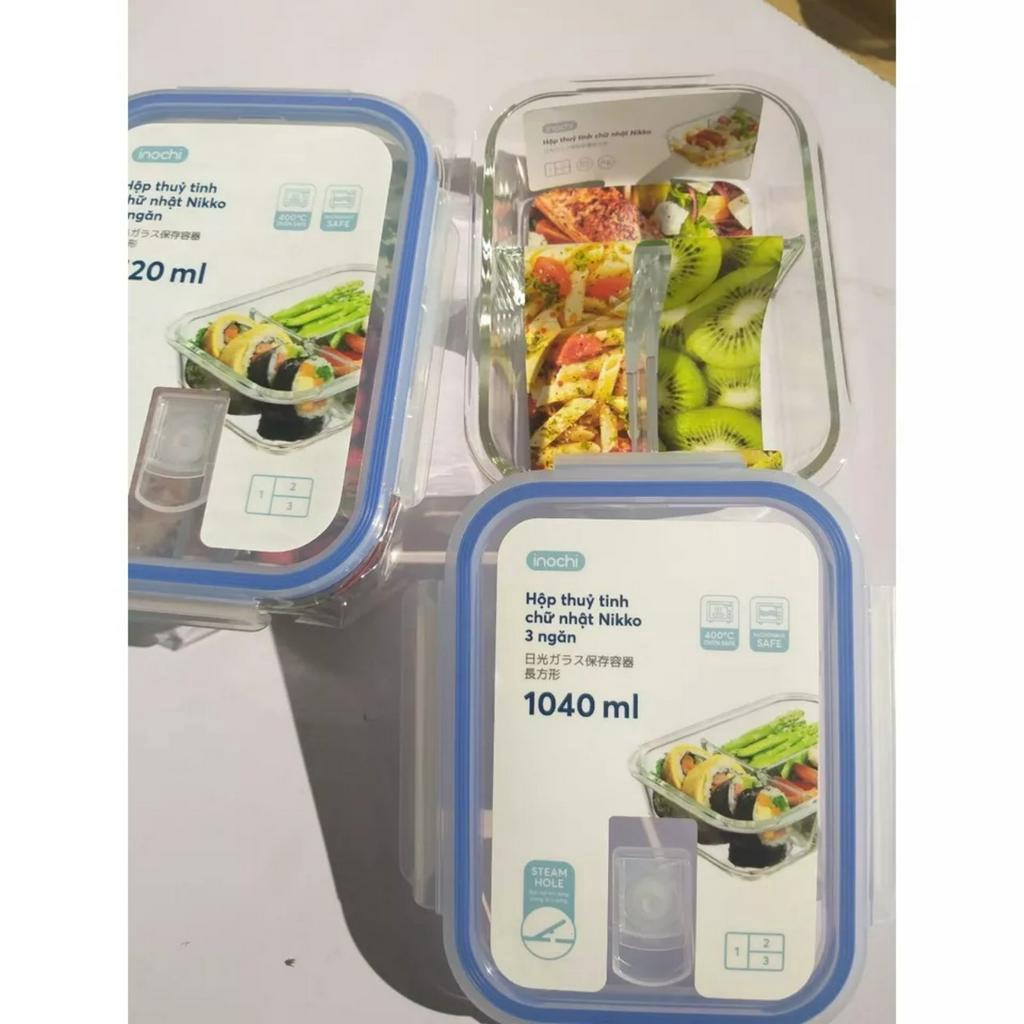 Hộp thủy tinh hình chữ nhật đựng thực phẩm 3 ngăn INOCHI loại 1040ml và 1520ml