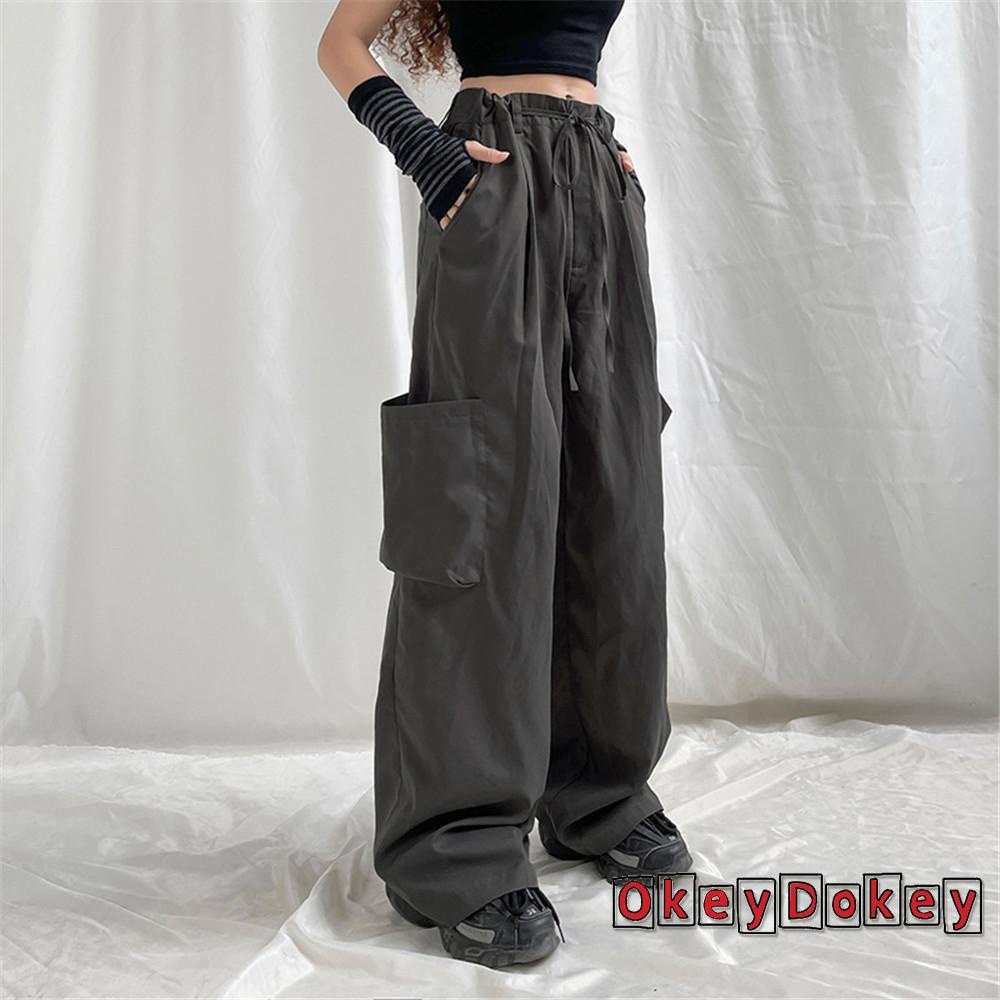 Quần Lưng Thấp Dáng Rộng Có Túi Lớn Màu Trơn Cho Nữ