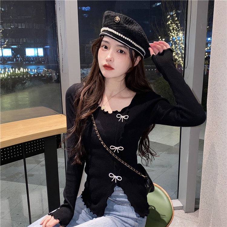 Áo dệt kim QKOOLE tay dài dáng ôm cổ chữ V đơn giản phong cách Hàn Quốc dành cho nữ