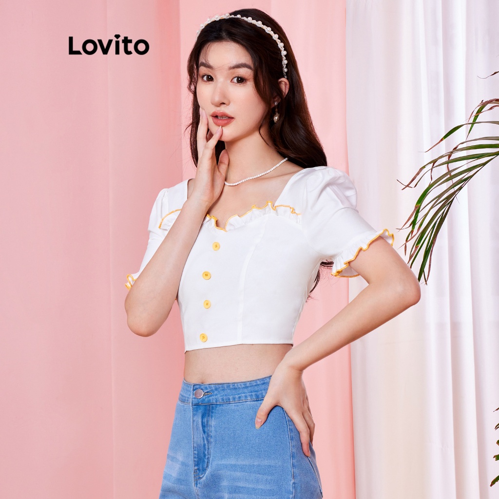 Áo cánh (Lovito Exclusive) DOPAMINE GIRLS Tay áo phồng trơn Bình thường L28AE032 (Trắng)