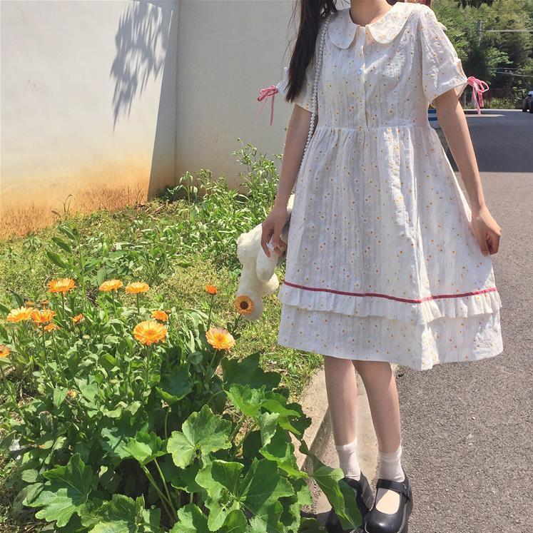 Đầm Ngắn Tay In Họa Tiết Hoa Xinh Xắn Cho Nữ