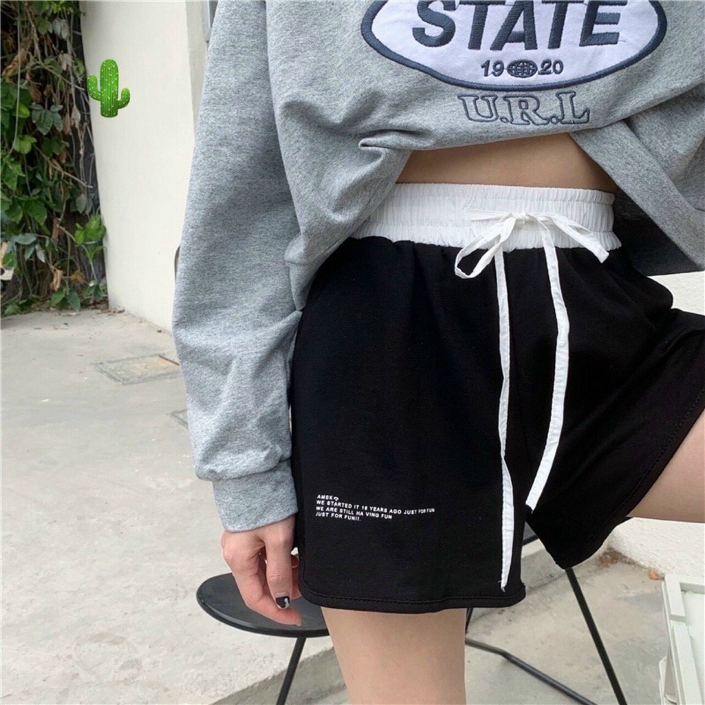 quần short thun đùi phối màu bảng eo thêu chữ p