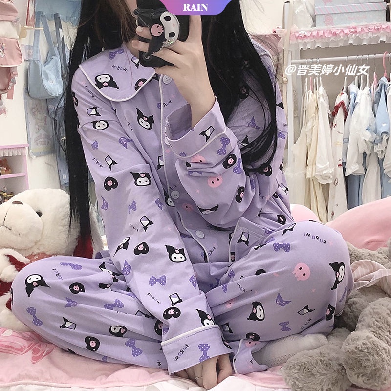 Bộ Đồ Ngủ Hai Mảnh Tay Dài Dáng Rộng In Họa Tiết Sanrio Kuromi Dễ Thương Có Thể Đáng Yêu Dành Cho Bạn Nữ [RAIN]