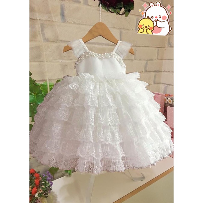 ĐẦM CÔNG CHÚA BÉ GÁI TRẮNG REN TẦNG HẠT CAO CẤP.