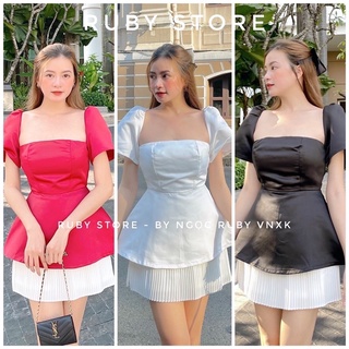 Set chân váy xếp li kèm áo peplum thiết kế cổ vuông
