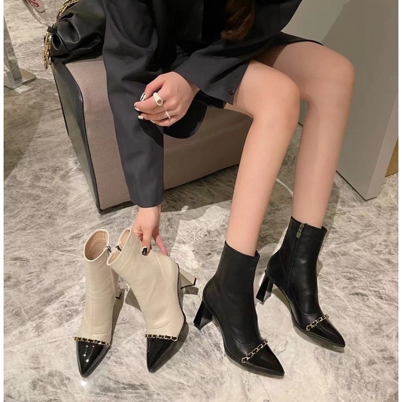 Bốt boot lửng viền xích ngang gót nhọn fullbox hàng quảng châu cao cấp | BigBuy360 - bigbuy360.vn