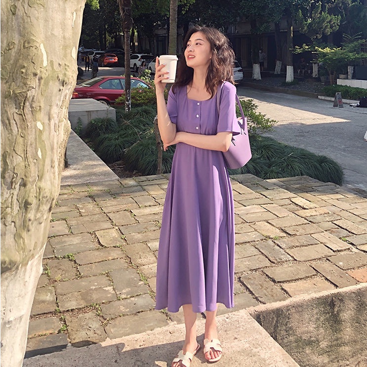 Đầm Dài Đến Gối Cổ Vuông Màu Tím Tím Phong Cách Mới Dành Cho Nữ