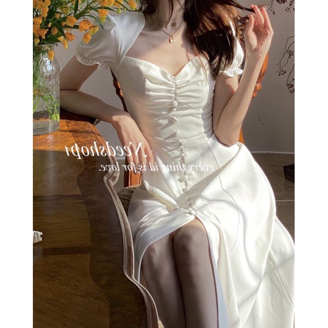 Hanadress _Đầm trắng nút bọc xẻ tà dự tiệc , váy trắng phong cách hàn quốc