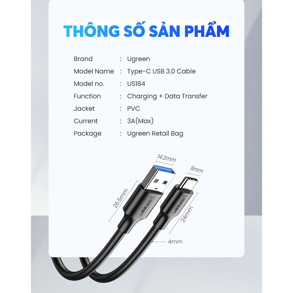 Dây cáp sạc và truyền dữ liệu tốc độ nhanh USB 3.0 sang USB-C 3A 0.25-2m US184