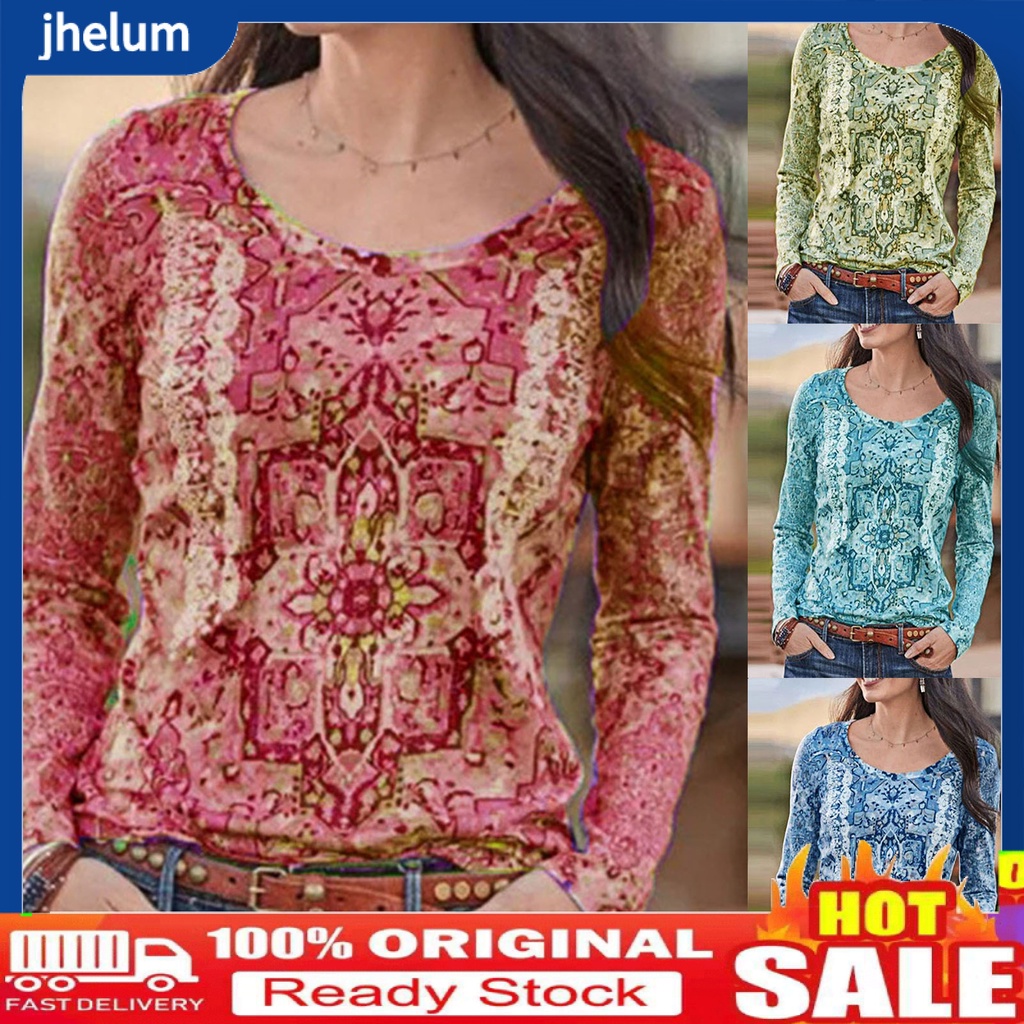 Áo Sweater Tay Dài Cổ Tròn Form Rộng In Họa Tiết Thổ Cẩm Phong Cách Retro Cho Nữ