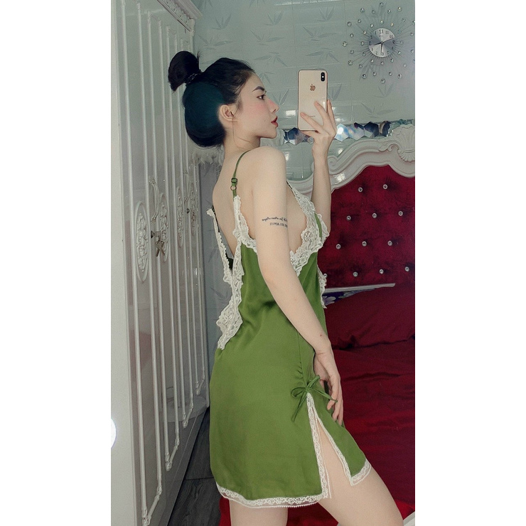 Đồ ngủ sexy / Đầm ngủ 2 dây xẻ tà phối ren, chất liệu satin cao cấp loại 1, kèm quần đùi siêu cute, freesize dưới 65kg | BigBuy360 - bigbuy360.vn