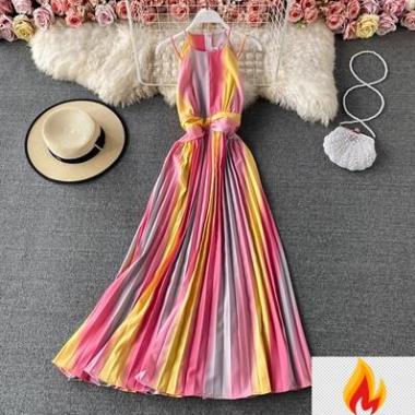 M151 - Váy maxi Ulzzang hai dây xếp ly nhúng eo màu cầu vòng đi biển sang chảnh (5 màu) 0J9*d