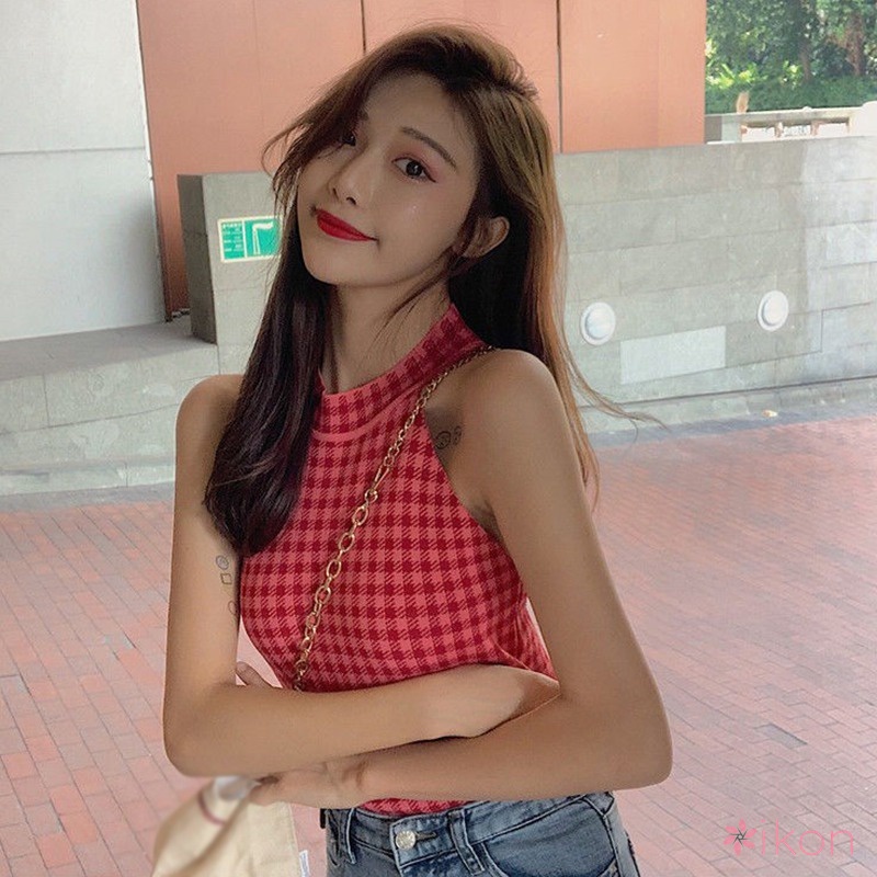 Áo Hai Dây Cổ Yếm Dáng Ôm Sọc Ca Rô Thời Trang Xinh Xắn Cho Nữ