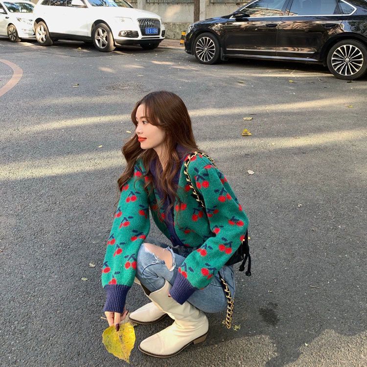 Áo Khoác Dệt Kim Tay Dài In Họa Tiết Cherry Phong Cách Hàn Quốc Thời Trang Mùa Thu Cho Nữ