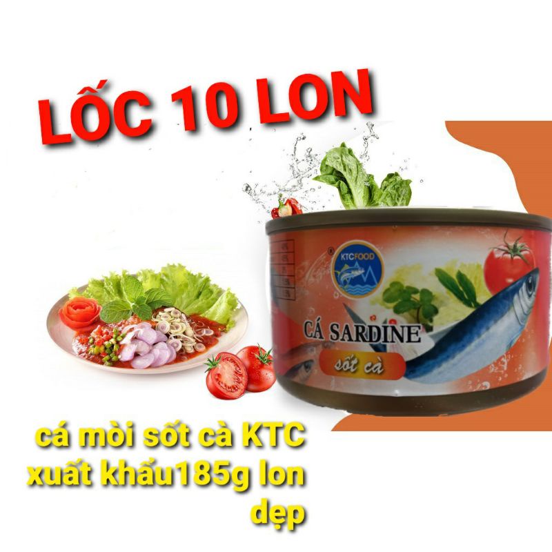 Lốc 10 lon dẹp Cá Sardine sốt cà xuất khẩu KTC 185g/lon (loại mới)