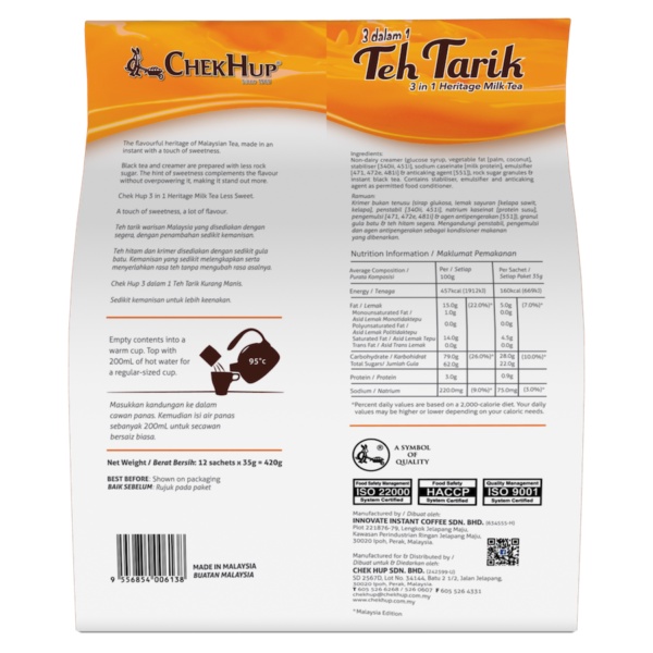 Trà sữa hòa tan 3in1 Chek Hup Teh Tarik Milktea Less Sweet - Ít Ngọt