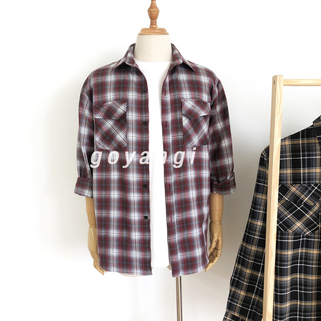 Áo sơ mi Flannel kẻ GOYANGI Unisex oversize form rộng cho cả nam và nữ phong cách Hàn Quốc