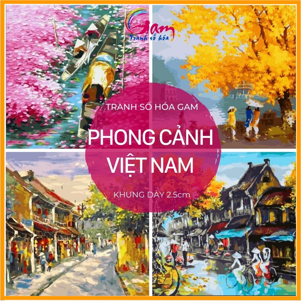 Tranh sơn dầu số hóa tự tô 🎨CHUẨN MÀU🎨 phong cảnh làng quê phố cổ Việt Nam