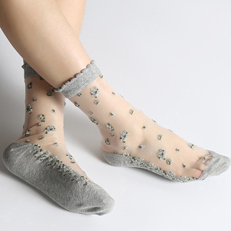 Spring summer Flowers Lace Harajuku Socks Women Transparent Mesh Calcetines