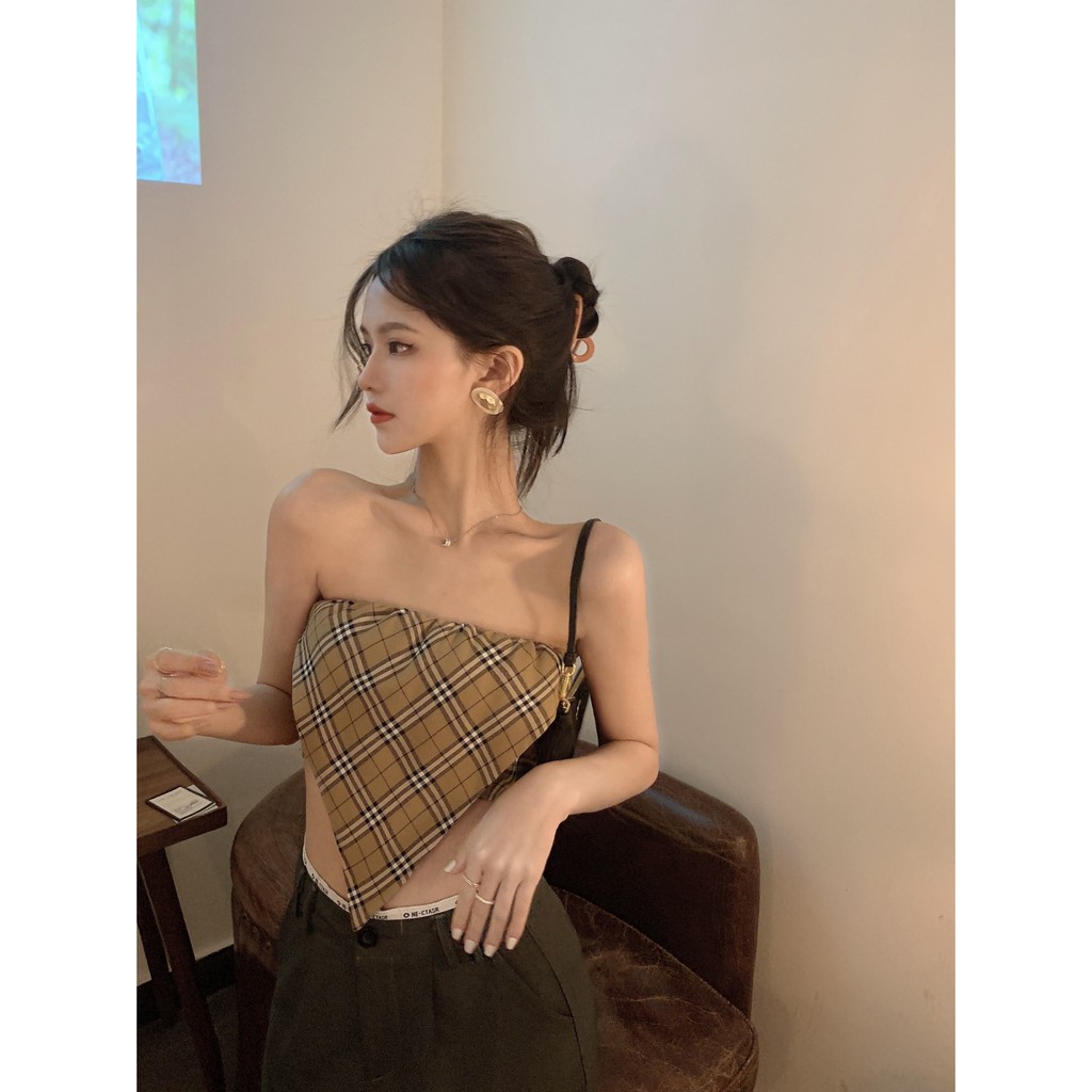 Cocory vn Áo crop top họa tiết ca rô cổ điển phong cách quyến rũ dành cho nữ