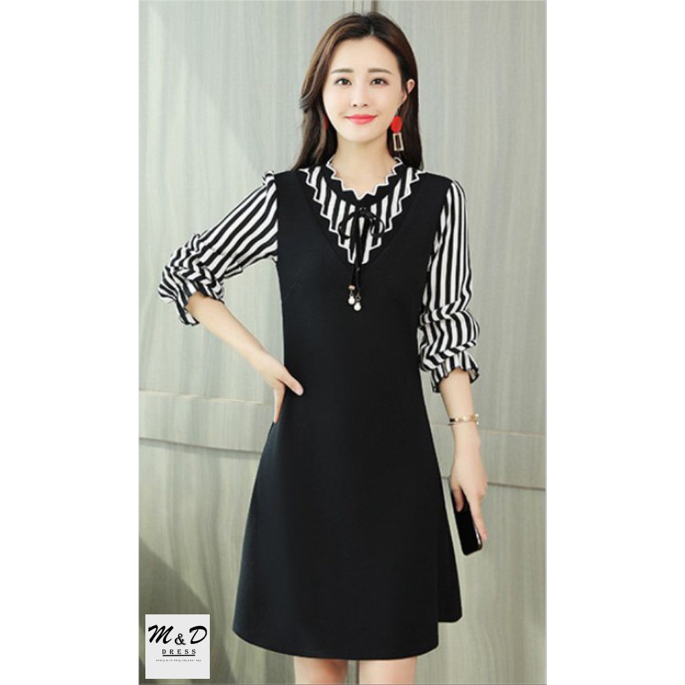Đầm chữ A đẹp, ống tay và ngực họa tiết sọc, phong cách công sở, cá tính, nặng động- oslp-10