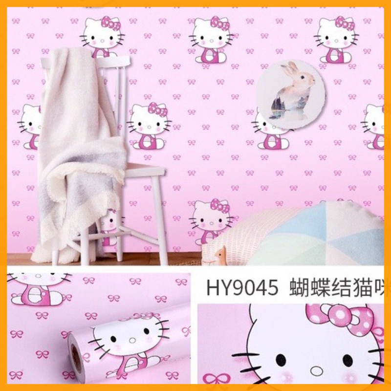 10M GIẤY DÁN TƯỜNG KITTY BƯỚM HỒNG (10m x 45cm / cuộn) 5305, dán tường phòng ngủ cho bé.