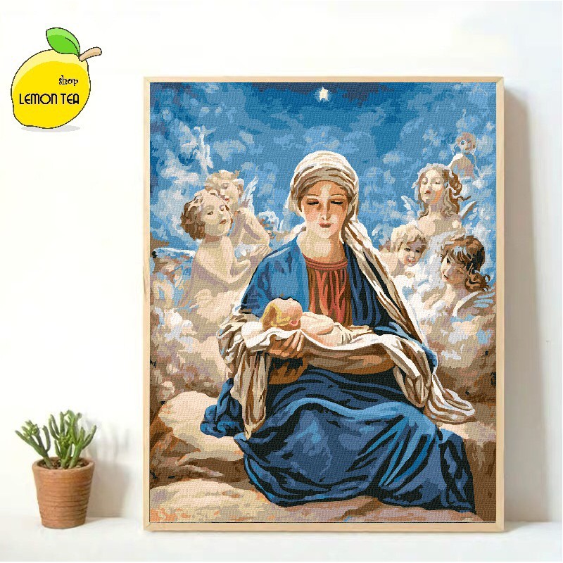 TRANH TỰ TÔ MÀU SỐ HÓA LEMON TEA SHOP TÔN GIÁO - MẸ MARIA KHỔ 40X50- Tranh chất lượng, lên màu đẹp