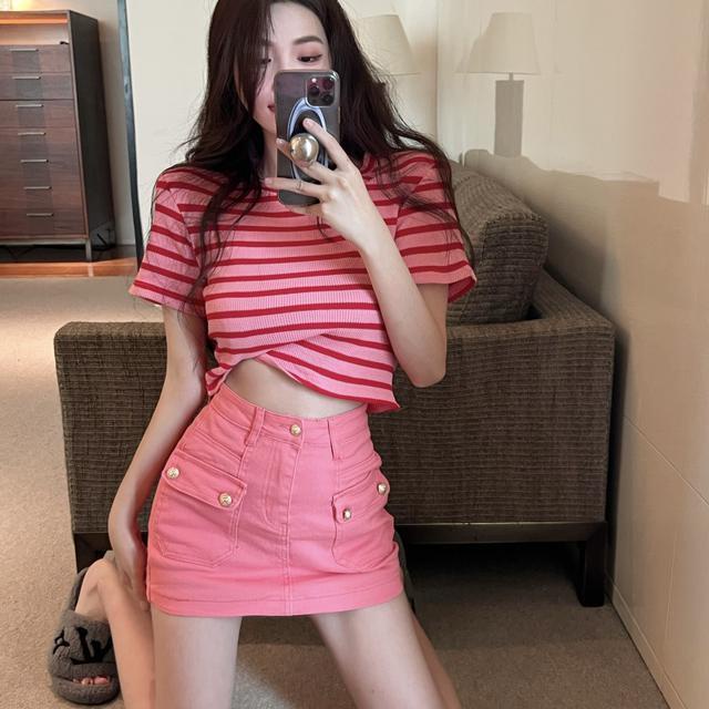 Jiashucheng Đầm Denim Hồng Dáng Chữ a Ngắn Ôm Dáng Phong Cách Hàn Quốc Ngọt Ngào Cho Nữ