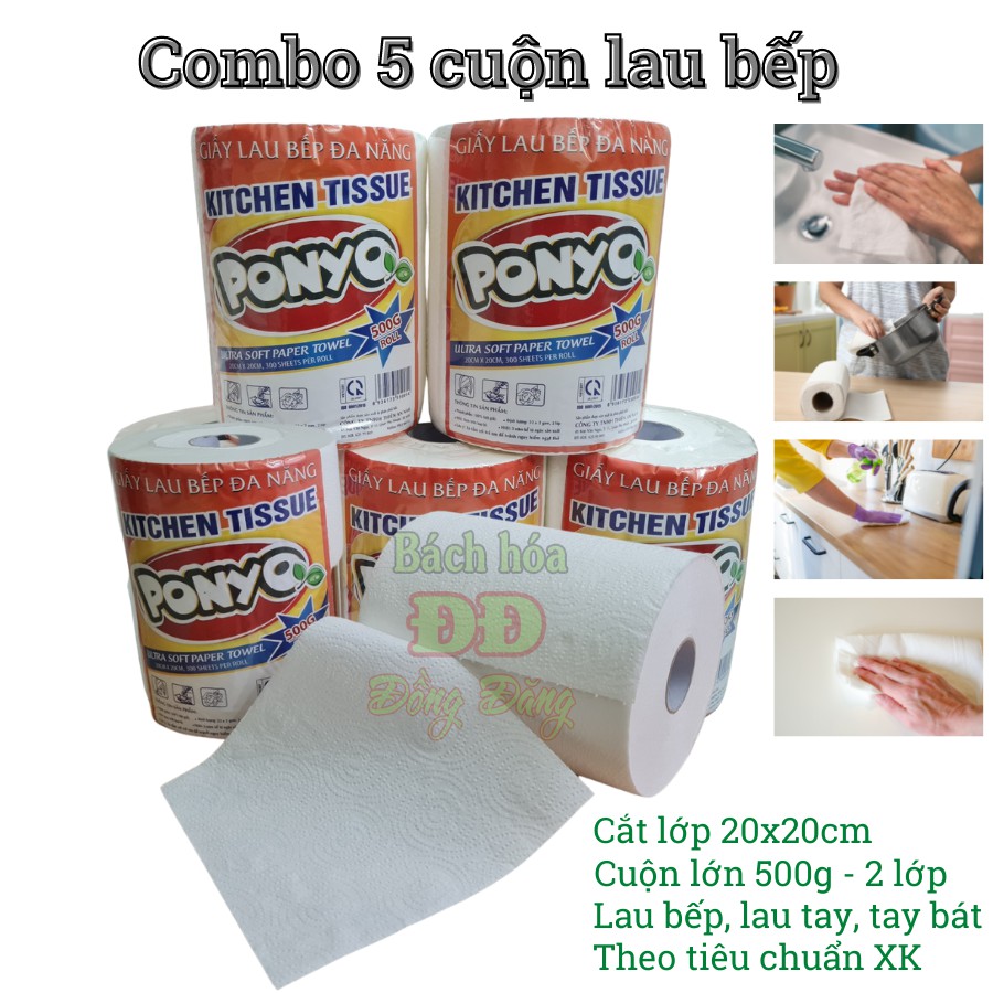 Combo (5 cuộn) giấy lau bếp đa năng PONYO, giấy lau bếp, giấy lau tay, giấy lau chén dĩa