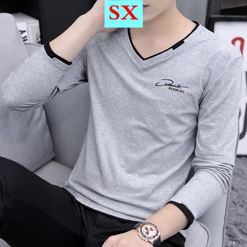 Áo thun nam dài tay cổ chữ V thời trang mới