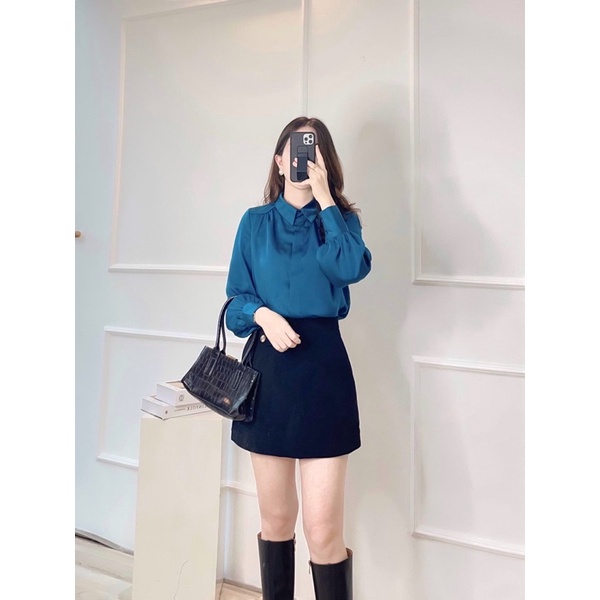 áo sơ mi lụa trắng dài tay công sở cổ đức from suông dễ mặc, chất liệu lụa mềm mịn không nhăn nhàu mặc đi làm đi chơiA17
