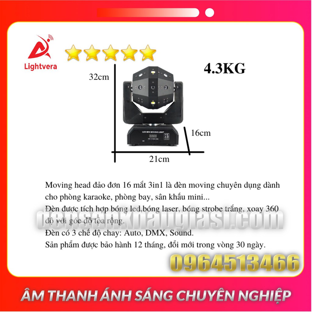 Đèn Moving Head 16 Mắt 3in1 Quay 360 Độ Có Chớp Trắng Laser Led Dành Cho Karaoke