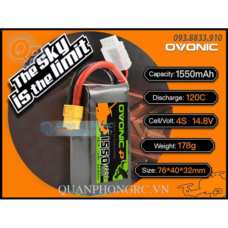 Pin Lipo Ovonic 1550mAh 4S 120C / 100C 14.8V jack XT60