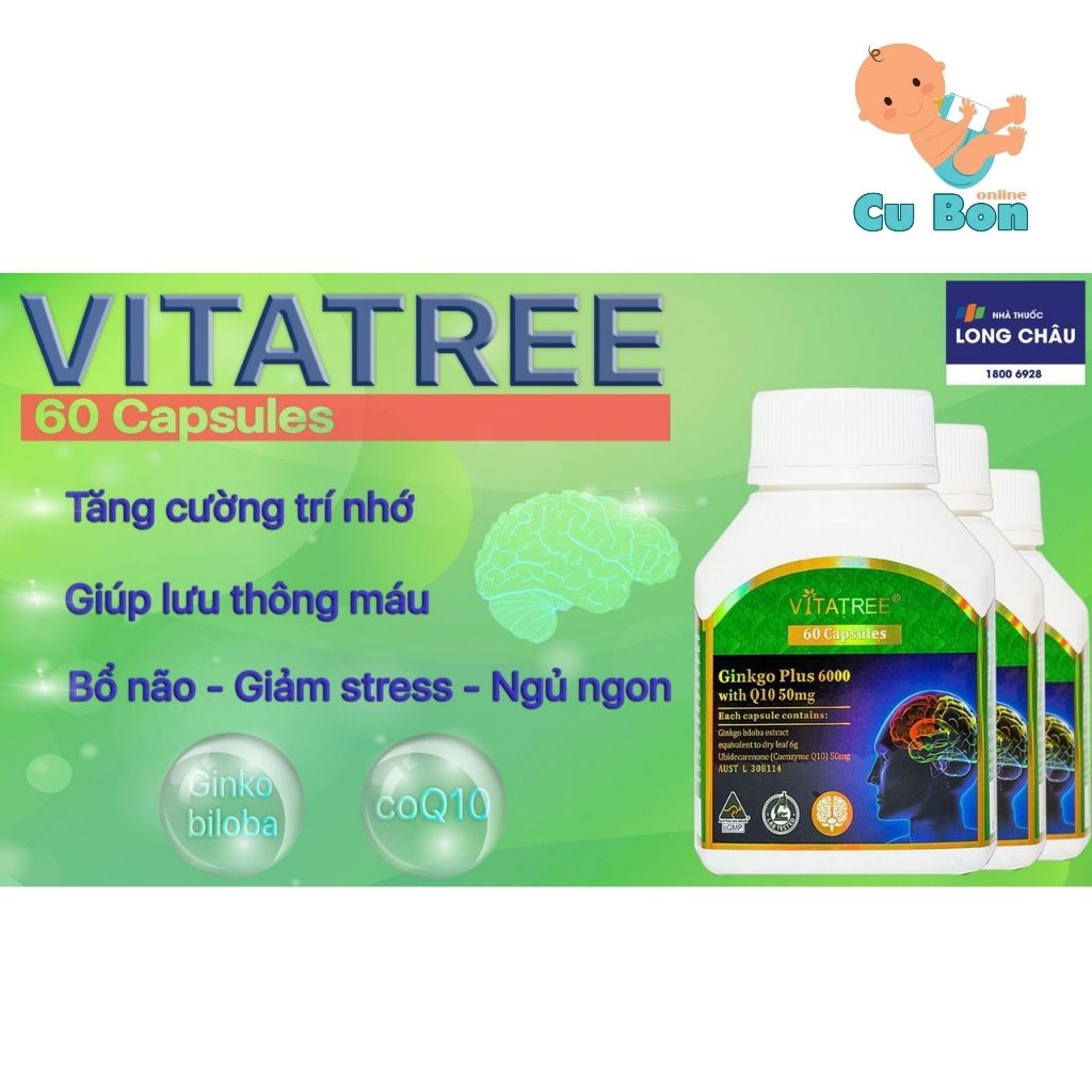 Viên uống tăng tuần hoàn não Vitatree Ginkgo Plus 6000 with Q10 50mg 60 viên của úc