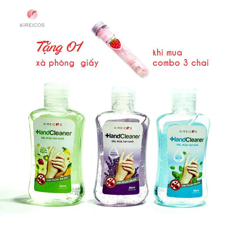 Combo 3 chai gel rửa tay khô KIREICOS 80ml tặng 1 xà phòng giấy