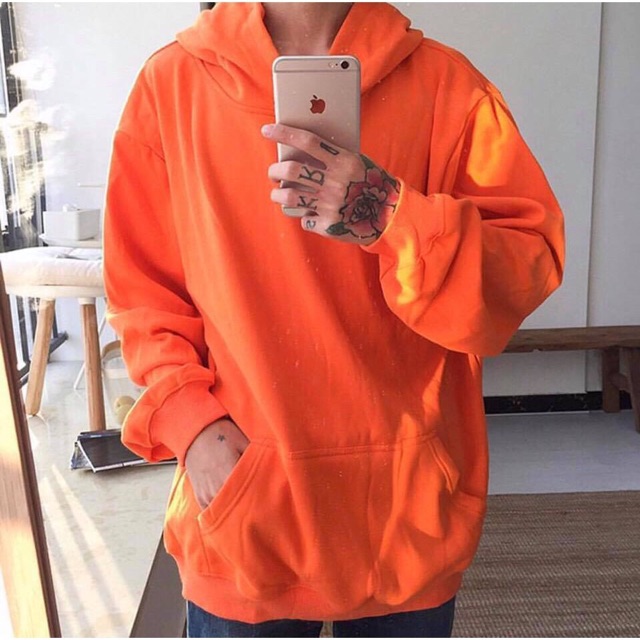 Hoddie nỉ bông cam tươi unisex - Khoác nỉ chui đầu cam cháy có nón ( Ảnh thật + Video )