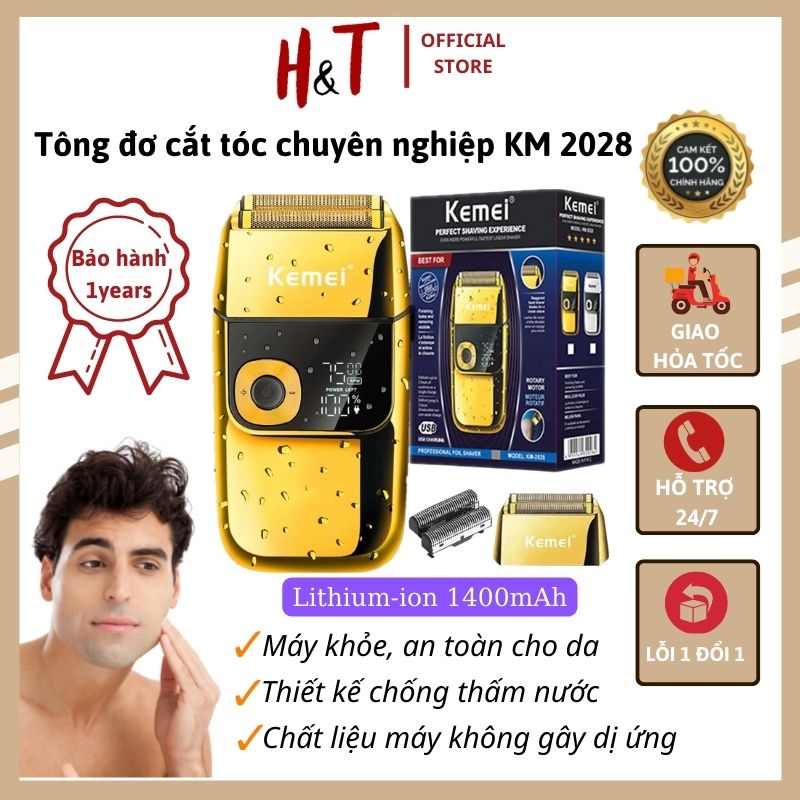 Máy cạo râu cho nam màn hình LED chống nước, cạo trọc đầu. Tông đơ cắt tóc chuyên nghiệp Kemei 2028